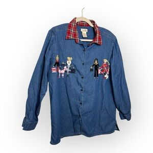 Bobbie Brooks Chambray Denim Embroidered Shirt Dog Poodle Westie Medium